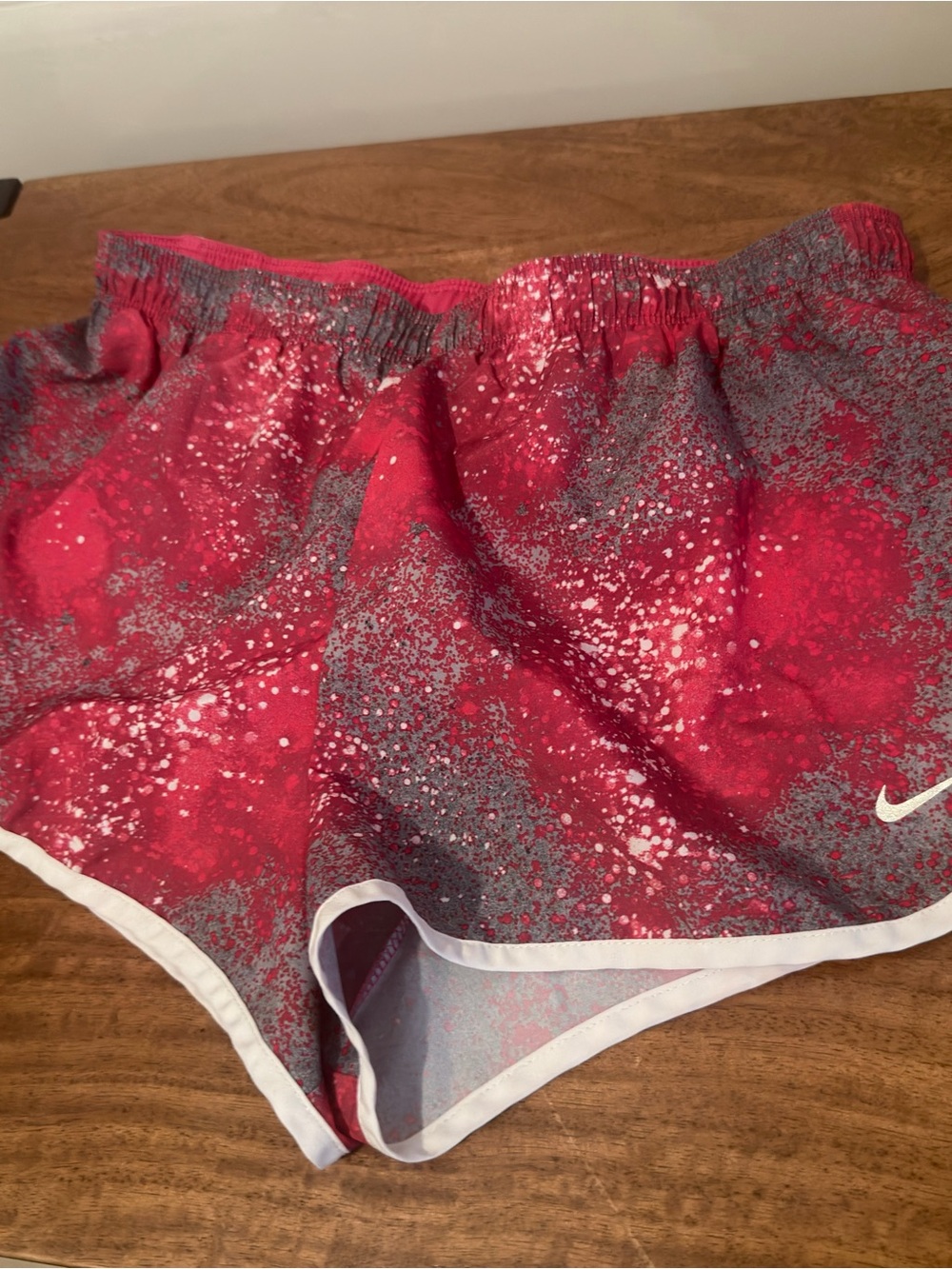 Nike Women's Red and Gray Splash Print Athletic Shorts